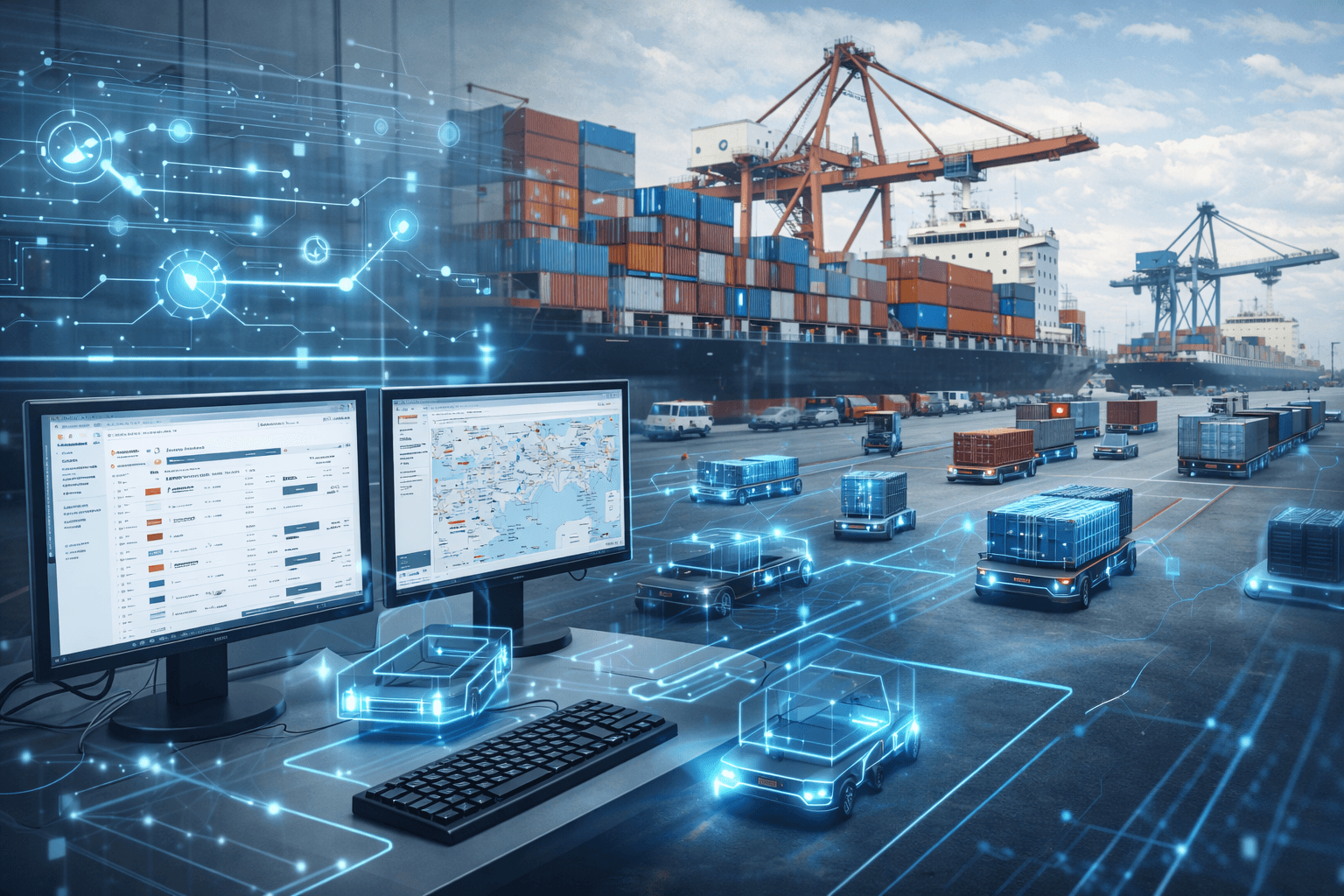 港湾ターミナルで輸出入貨物の動きを確認する様子